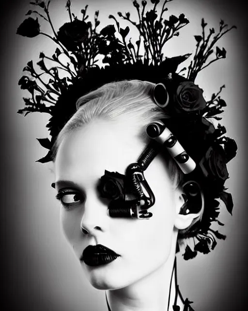 Image similar to dreamy surreal poetic black and white photo of a beautiful young bio-mechanical-female-cyborg-robot with a very long neck and a super big gothic lace collar and a very high big floral crown with many black dry roses by Vivienne Westwood:: smoke, high fashion, haute couture, rococo, avant-garde, elegant, dreamy, hyper realistic, 150 mm lens, soft rim light, octane render, unreal engine, picture was taken in 1910 by Dora Maar, volumetric lighting, dramatic light,8k,