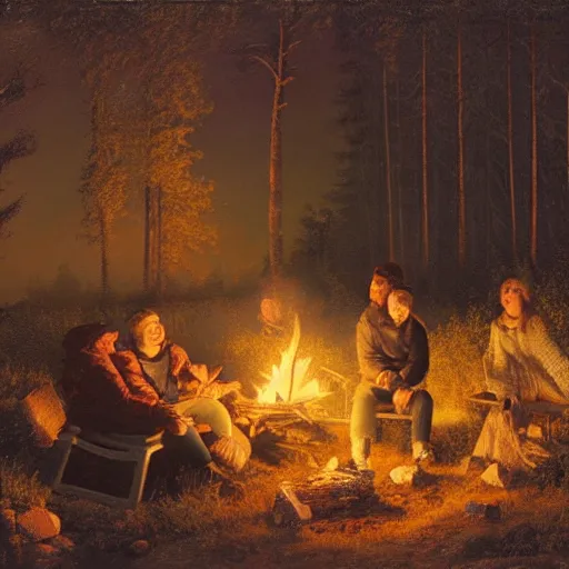 Prompt: guy and girl sitting beside cozy campfire at night, digital art by Ivan Shishkin