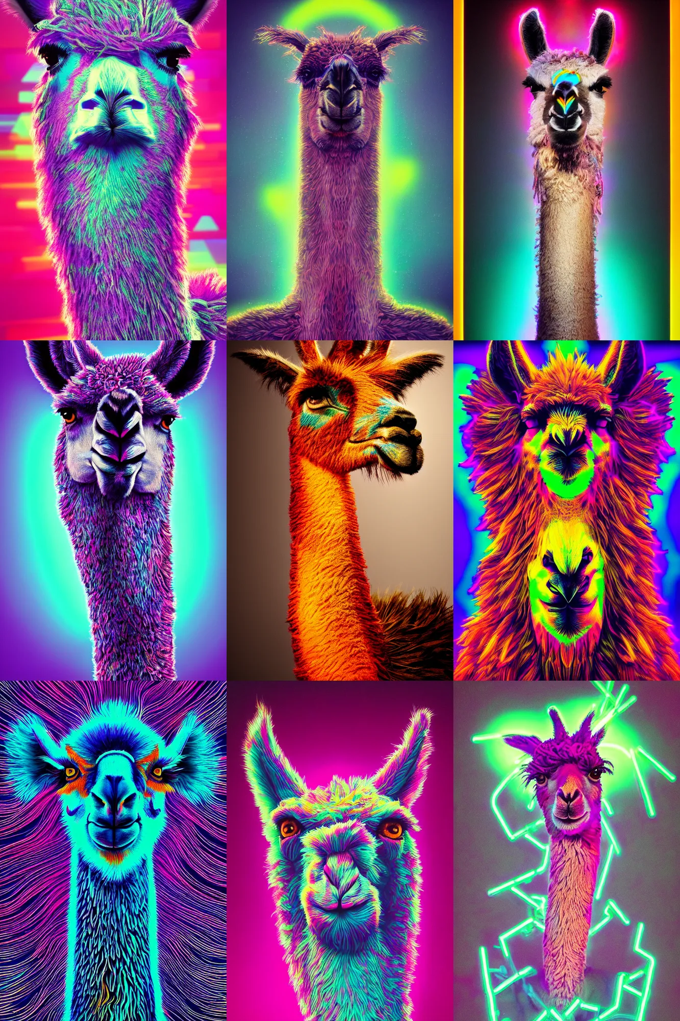 Prompt: photo of surreal anthro llama portrait in neon lighting, elegant, highly detailed, smooth, sharp focus, trippy, dmt, psychedelic, lit by neon strands, illustration, beautiful, geometric, trending on artstation, cinematic, artwork by WLOP