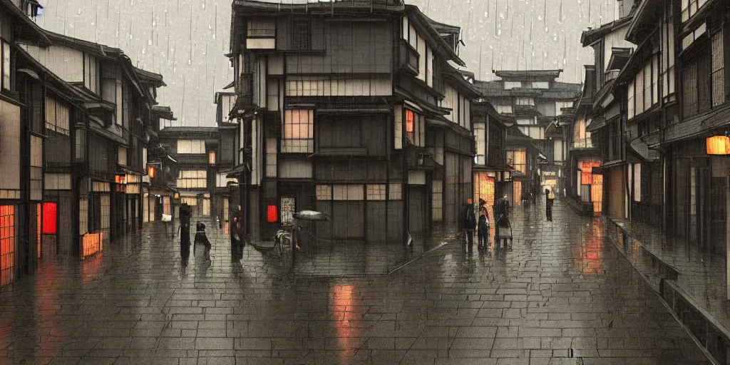 Image similar to a typical japanese city street in the rain, vermeer painting, dark academia aesthetic, matte painting, photorealistic, grey overcast day