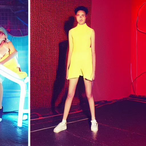 Prompt: realistic photoshooting for a new balenciaga lookbook, color film photography, portrait of a beautiful woman, swirly bokeh. red neon lights and glow in the background, hyper realistic and detailed, by photo in style of tyler mitchell, wes anderson, julia hetta, tim walker, petra collins, 3 5 mm,