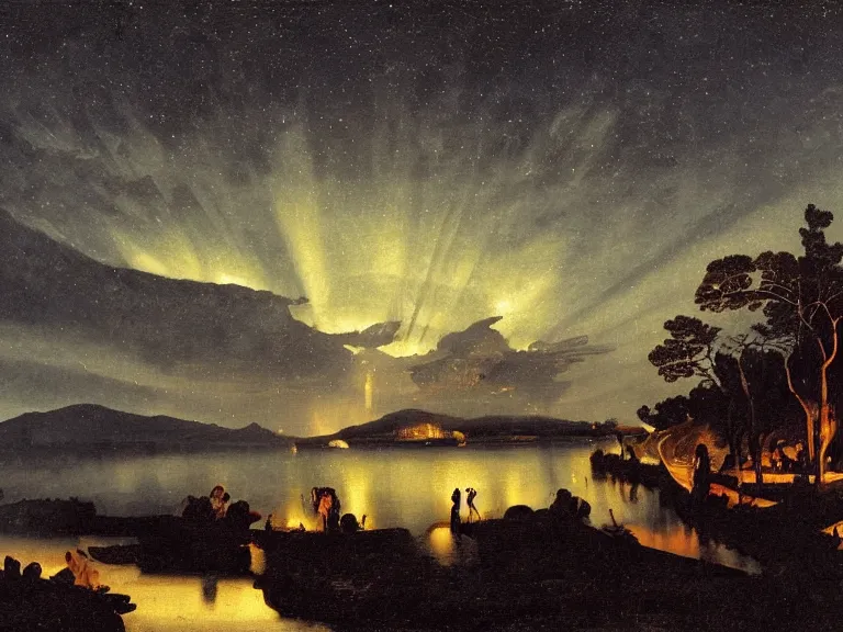 Image similar to an oil painting of a volcanic lake of black oil at dusk with aurora and stars lighting up the sky by carl spitzweg and tuomas korpi. baroque elements, full-length view. baroque element. intricate artwork by caravaggio. Trending on artstation. 8k