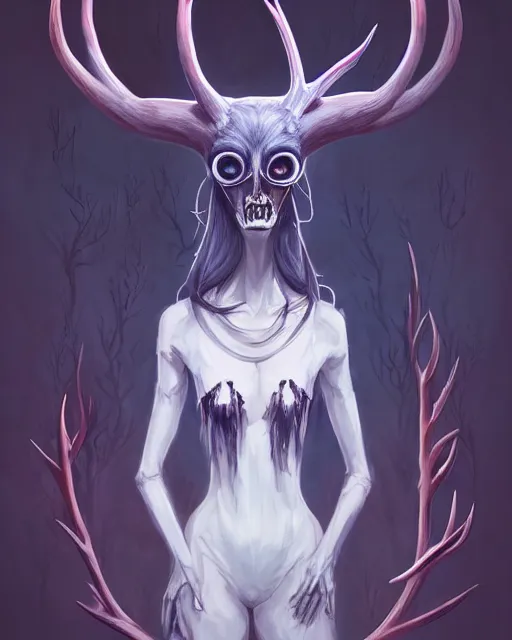 Prompt: a portrait of a beautiful full body Kacey Rohl Wendigo, antlers, spooky, skeletal face, blood, art by lois van baarle and loish and ross tran and rossdraws and sam yang and samdoesarts and artgerm, digital art, highly detailed, intricate, sharp focus, Trending on Artstation HQ, deviantart, unreal engine 5, 4K UHD image