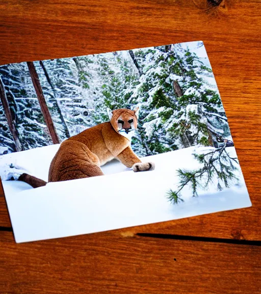 Image similar to torn up postcard showing 'a cougar sleeping in the middle of snowy pine tree' laying on coffee table, zoomed out shot, HD, iphone capture