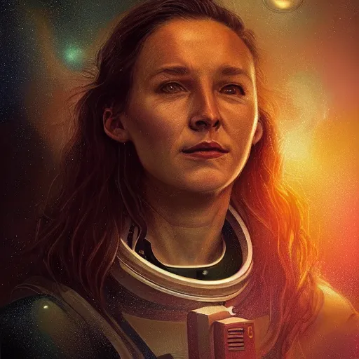 Image similar to female astronaut portrait, atmospheric lighting, painted, intricate, volumetric lighting, beautiful, rich deep colors masterpiece, golden hour, sharp focus, ultra detailed, by leesha hannigan, ross tran, thierry doizon, kai carpenter, ignacio fernandez rios