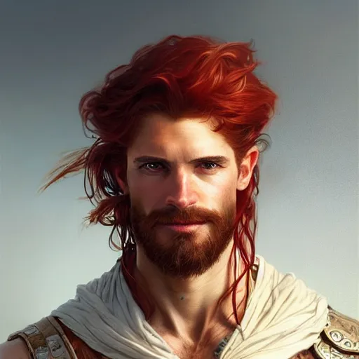 Image similar to portrait of a young ruggedly handsome but optimistic pirate, male, masculine, upper body, red hair, long hair, d & d, fantasy, intricate, elegant, highly detailed, digital painting, artstation, concept art, matte, sharp focus, illustration, art by artgerm and greg rutkowski and alphonse mucha