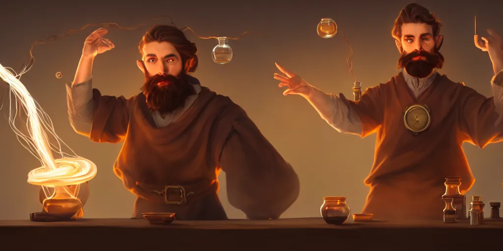 Image similar to a handsome bearded caucasian male sorcerer with brown hair he is casting a spell with flowing energy, he is in a alchemist lab filled with beakers and equipment, neutral pose, epic composition, 4 k, trending on artstation, in the styles of bo chen