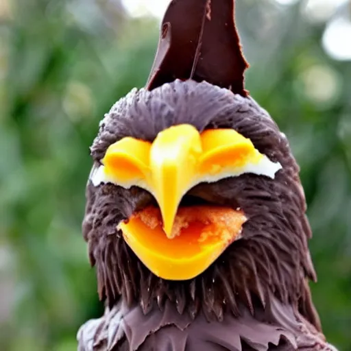 Image similar to a bald eagle made of chocolate powder, mango, and whipped cream