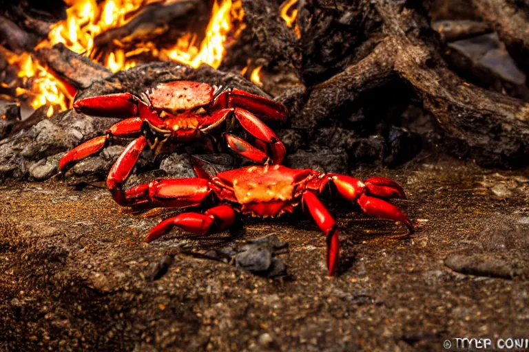 Image similar to crab - cosplay, in 2 0 1 2, bathed in the the glow of a fire, royalcore, crabcore, low - light photograph, photography by tyler mitchell