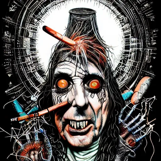 Prompt: graphic illustration, creative design, alice cooper, biopunk, francis bacon, highly detailed, hunter s thompson, concept art, occult, magical