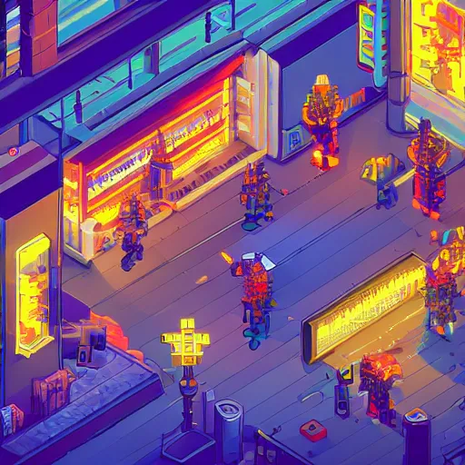 Prompt: fantastic lighting, pixel art, high detail , 16 bits, cyberpunk market, isometric