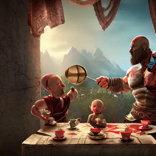 Image similar to god of war having a tea party with little kids, digital painting, 3 d, octane render