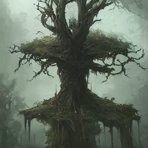 Prompt: a tree in the shape of a corpse, by greg rutkowski, trending on art station, highly detailed, magic the gathering, matte painting