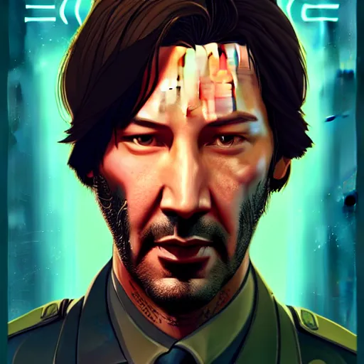 Image similar to keanu reevez in the role of main character from disco elysium, game poster, digital art, by aleksander rostov, disco elysium style