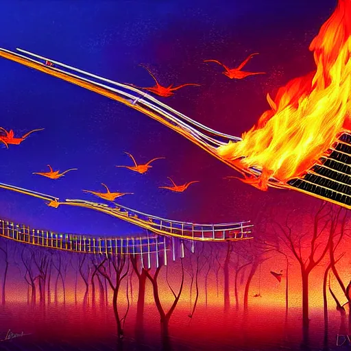 Image similar to in the lower part of the picture is the harp burning in the fire, above are cranes flying in flames, digital painting, concept art