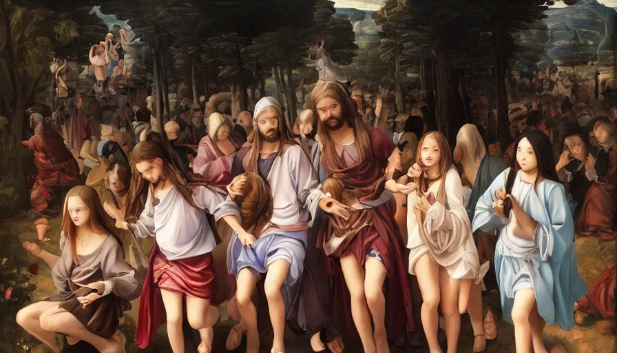 Image similar to jesus christ our lord being carried by cute lightly dressed anime girls, photorealistic, anime, mini skirt, long hair, renaissance painting, hyper real, detailed, wide angle shot, ultra detailed