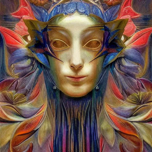 Image similar to masterpiece painting of a facemask made of stylized flowers, by annie swynnerton and jean delville and tino rodriguez, flower mask, art deco shaman, symbolist, dramatic lighting, god rays, elaborate geometric ornament, clean crisp graphics, soft cool colors, smooth, sharp focus, extremely detailed