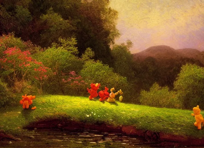 Prompt: romanticism impressionism landscape painting of winnie the pooh characters at night, night time, colorful paper lanterns, string lights, in the style of hudson river school and thomas cole and albert bierstadt and vincent van gogh