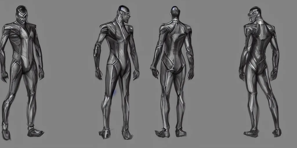 Prompt: male, science fiction suit, character sheet, concept art, stylized, large shoulders, large torso, long thin legs, concept design