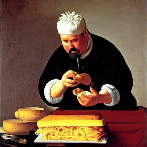 Prompt: a 1 9 th century portrait of guy fieri making a greasy macaroni and cheese sandwich, by vermeer, portrait, royal, oil on canvas