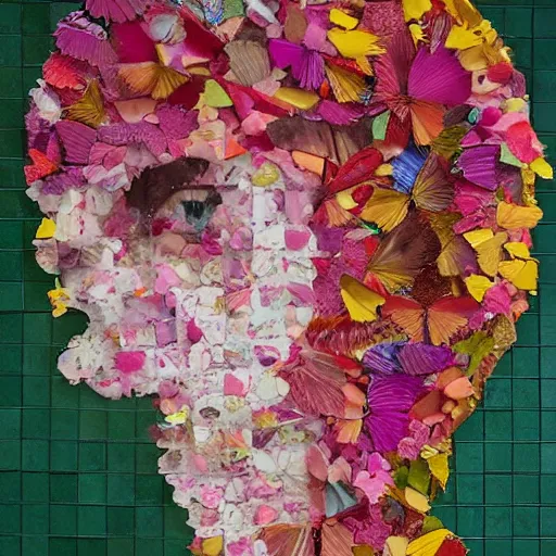 Prompt: a portrait of a woman constructed from flower petals, collage, organic, layered composition, layers, texture, mcu, butterflies, 🦋, highly textured, layered, sculpted, dynamic,