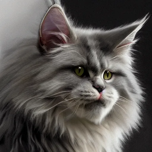 Image similar to a big old menacing dark grey maine coon cat with white belly, white paws and white face markings with long fur and fluffy tail, sitting, intricate, elegant, highly detailed, digital painting, artstation, concept art, matte, sharp focus, illustration, art by Artgerm and Greg Rutkowski and Alphonse Mucha