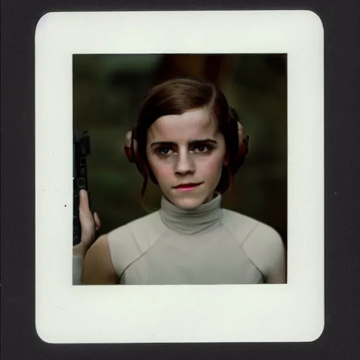 Image similar to film still of emma watson as princess leia organa in star wars, polaroid, photography, film, kodak