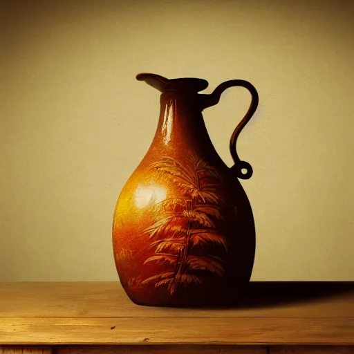 Image similar to still art, antique jug with palms inside on wooden antique table, old candle, much vegetables, lemon, orange, pepper, cinematic light, contrast shadows, dark light, detailed, digital art, concept art, trending on artstation, highly detailed, intricate, sharp focus, digital art, 8 k