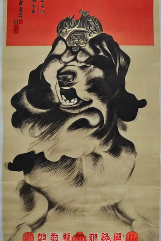 Prompt: chinese propaganda poster with dog as a god as the centerpiece, detailed face, gorgeous, amazing, flowing hair, very muscular male body