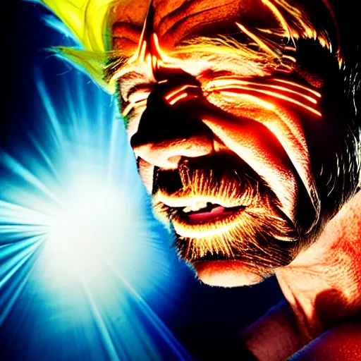 Image similar to uhd candid photo of cosmic chuck norris as a super sayian powering up, glowing, global illumination, studio lighting, radiant light, detailed, correct face, elaborate intricate costume. photo by annie leibowitz