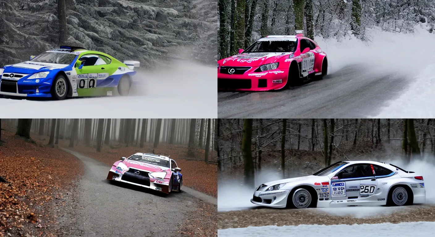 Prompt: a 2 0 0 8 lexus sc 4 3 0 super gt, racing through a rally stage in a snowy forest