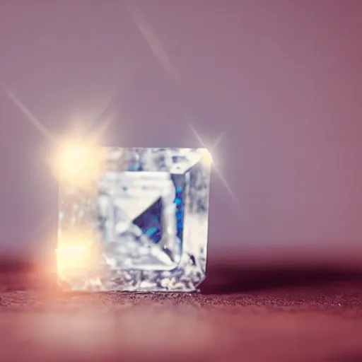 Prompt: giant chunk of diamond shaped like cube, sunlight, f - stop, high quality photography,