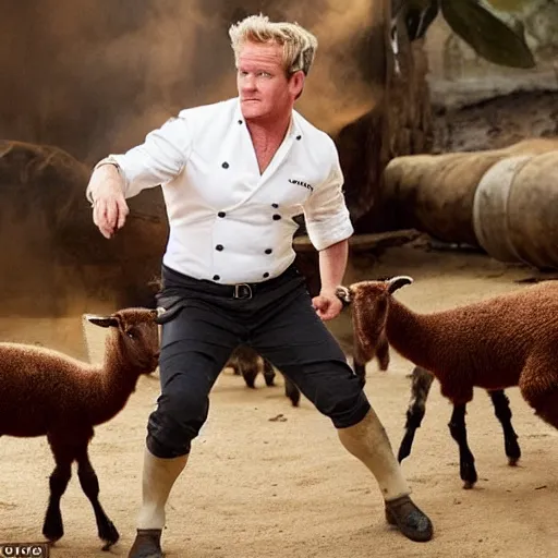 Prompt: candid shot of gordon ramsey is indiana jones finding the lamb sauce, indiana jones