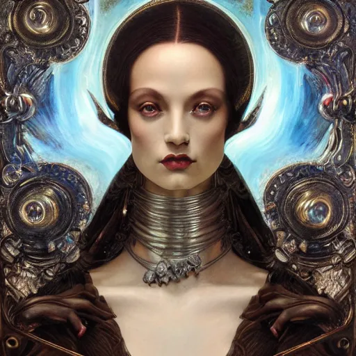Prompt: masterpiece baroque neoclassicist closeup renaissance portrait of a art deco witch, glowing eyes. reflective detailed textures, highly detailed fantasy science fiction painting by magali villeneuve, annie swynnerton, peter mohrbacher and jean delville and nicholas roerich, elaborate geometric ornament, silver and cool colors. artstation