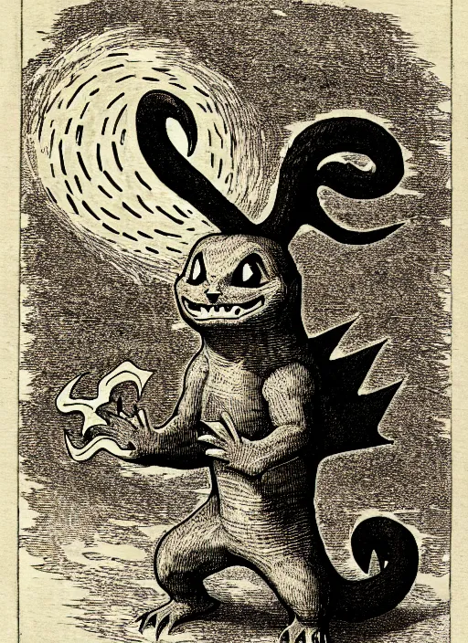 Image similar to charmander, as a demon from the dictionarre infernal, pen - and - ink illustration, etching by louis le breton, 1 8 6 9, 1 2 0 0 dpi scan, ultrasharp detail, hq scan, intricate details, stylized border