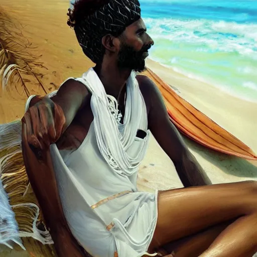 Image similar to beautiful portrait of a somali man, with long curly black hair, relaxing on the beach, by wang ling wlop