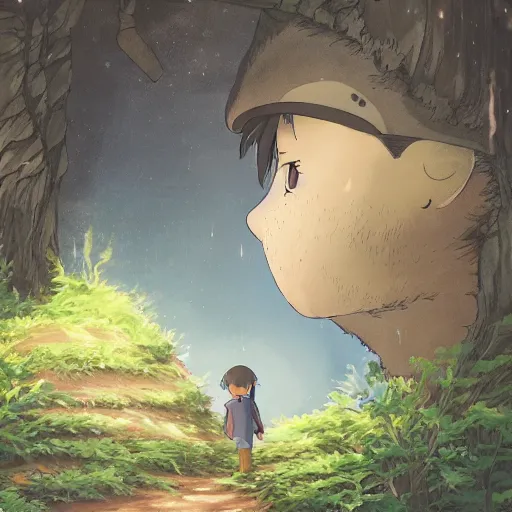 Image similar to friendly guy and small creature , with Fragile looking character portrait face made in Studio Ghibli artstyle ,highly detailed art, beautiful scene, sharp focus, smooth, 8k, anime art, fantasy, style in ghibli anime style, fantasy, island, forest, ghibli animal in 8k