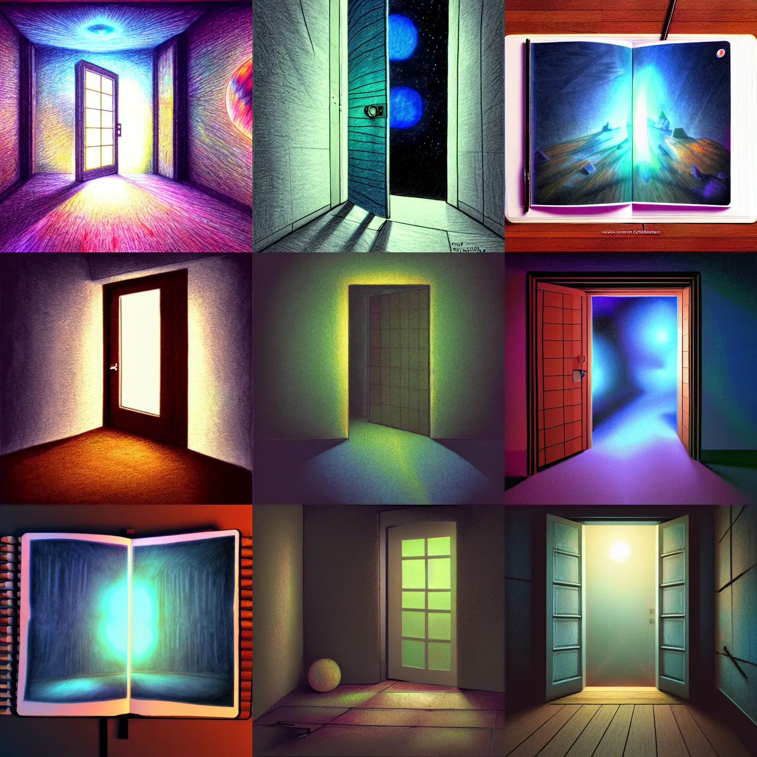 Prompt: the back door to the far reaches of the universe, colored pencils, v-ray render, ambient lighting, sketchbook, vibrant hues, moody, somber, realistic, ray tracing