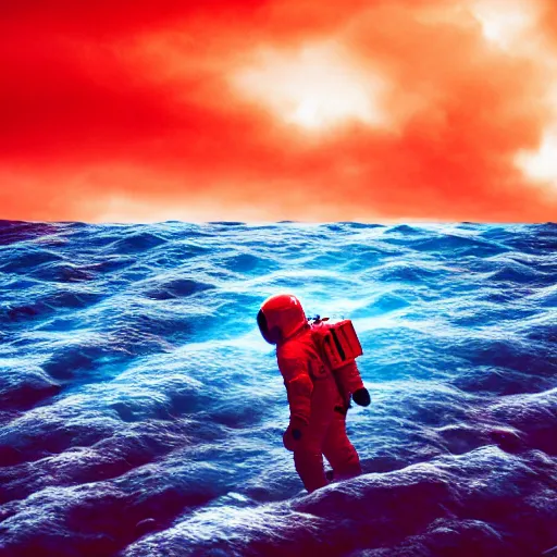 Prompt: an astronaut emerging from an ocean of red water, otherwordly sky, cinematic shot, 35mm, photography, High definition, 8k, detailed, deprh of field, photorealistic, epic atmosphere