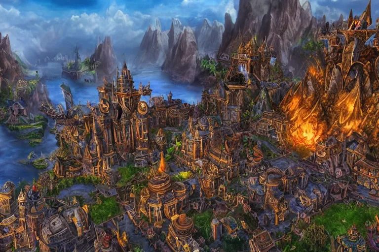 Image similar to a magnificent Warcraft-themed city. photorealism.