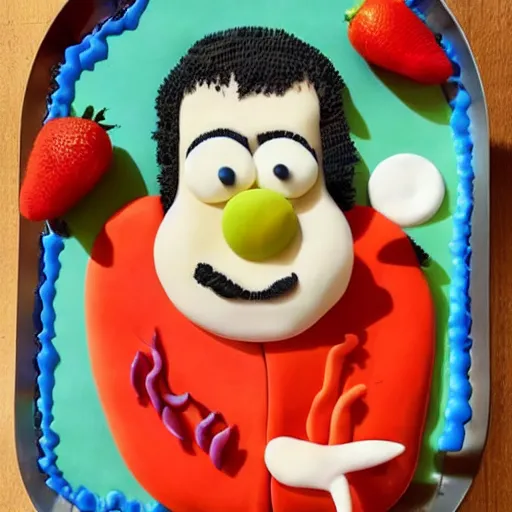 Prompt: sad Ralph Attanasia as a cartoon edible art cake sitting in kitchen, deep focus