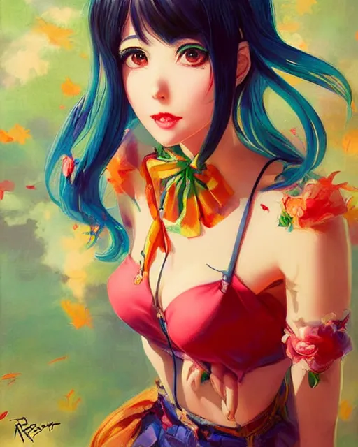 Image similar to A very beautiful painting of megpoid Gumi by rossdraws, wlop, artgerm, Gil Elvgren, Ilya kuvshinov