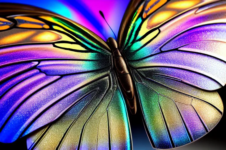 Prompt: iridescent butterfly wing, macro photography, by Thomas Kincade, Richard Sigamani, 8k photorealistic, HD, high details, concept art, trending on artstation