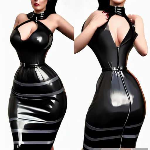 Image similar to an elegant curvy feminine pale goth cutie wearing an elaborate latex-nylon-leather striped neck-high dress, thin waist, cgsociety, photorealistic, 16k, smooth, sharp focus, trending on ArtStation, volumetric lighting, worksafe, sublime-comforting-intriuging ambience