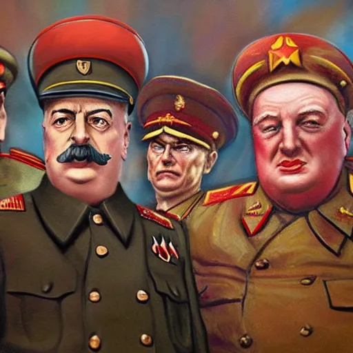 Image similar to Stalin, Churchill and Franklin Roosevelt having a wild birthday party, colorized, fantasy painting,hyperrealistic, highly detailed, depth of field, High definition, 8k, octane render, artstation