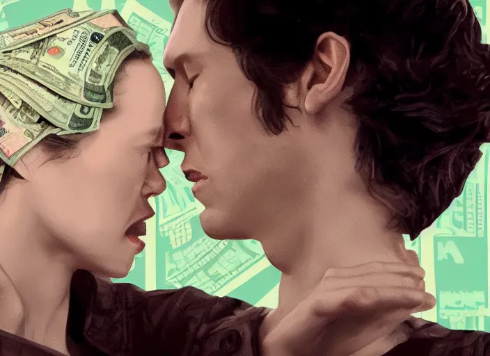 Image similar to reylo kissing, dollar bill