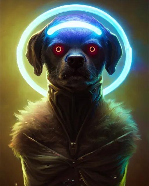 Image similar to one singular portrait of a cute bioluminescent dog-man with large glowing eyes, highly detailed, digital painting, cinematic, hyper realism, dark retrowave, art by Stanley Lau and Artgerm and magali villeneuve and Alphonse Mucha, artstation, octane render, cgsociety