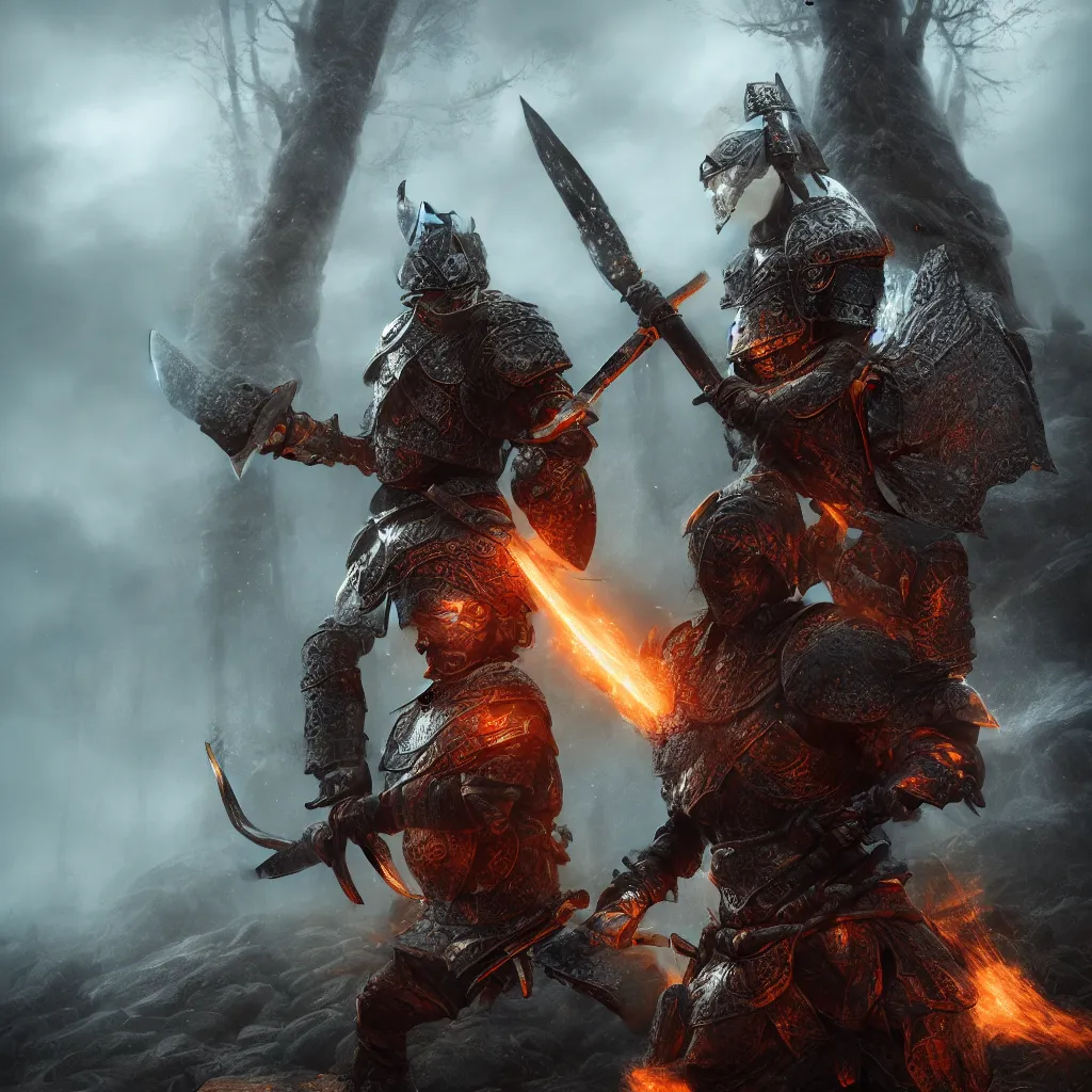 Image similar to portrait photo of a brutal nordic Warrior, wearing intricate steel armor, holding magical fiery battle-axe, sharp focus, highland landscape with few trees background, magical aura, heroic pose, fantasy style, octane render, volumetric lighting, 8k high definition, highly detailed, trending on ArtStation, centered