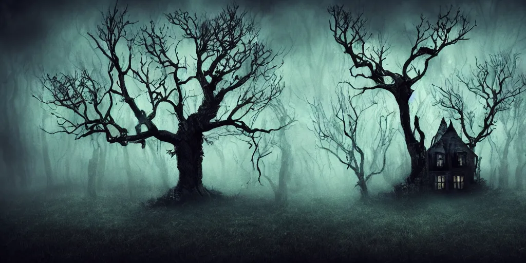 Image similar to fun strange darkness house, inspired by Tim Burton, (by Tim Burton) dark forest background dead tree, mist, fog, volumetric lighting