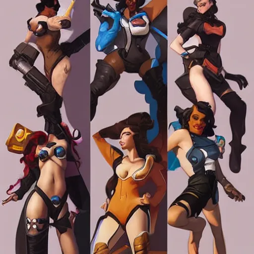 Image similar to greg manchess portrait painting of overwatch's characters as pinup art, medium shot, asymmetrical, profile picture, organic painting, sunny day, matte painting, bold shapes, hard edges, street art, trending on artstation, by huang guangjian and gil elvgren and sachin teng